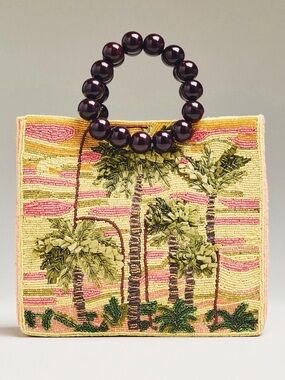 NWT new Anthropologie wood bead bracelet beaded bag purse palm trees Yellow Pink